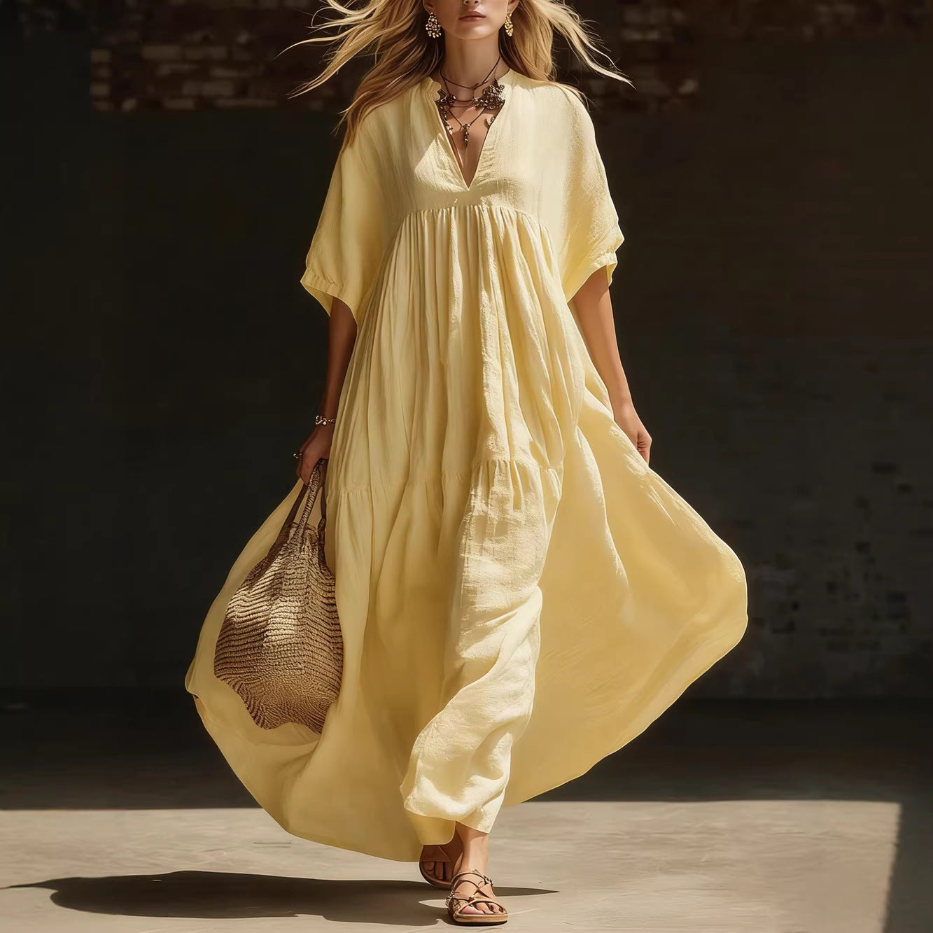 Summer Solid-Color Loose Beach Vacation Long V-Neck Dress