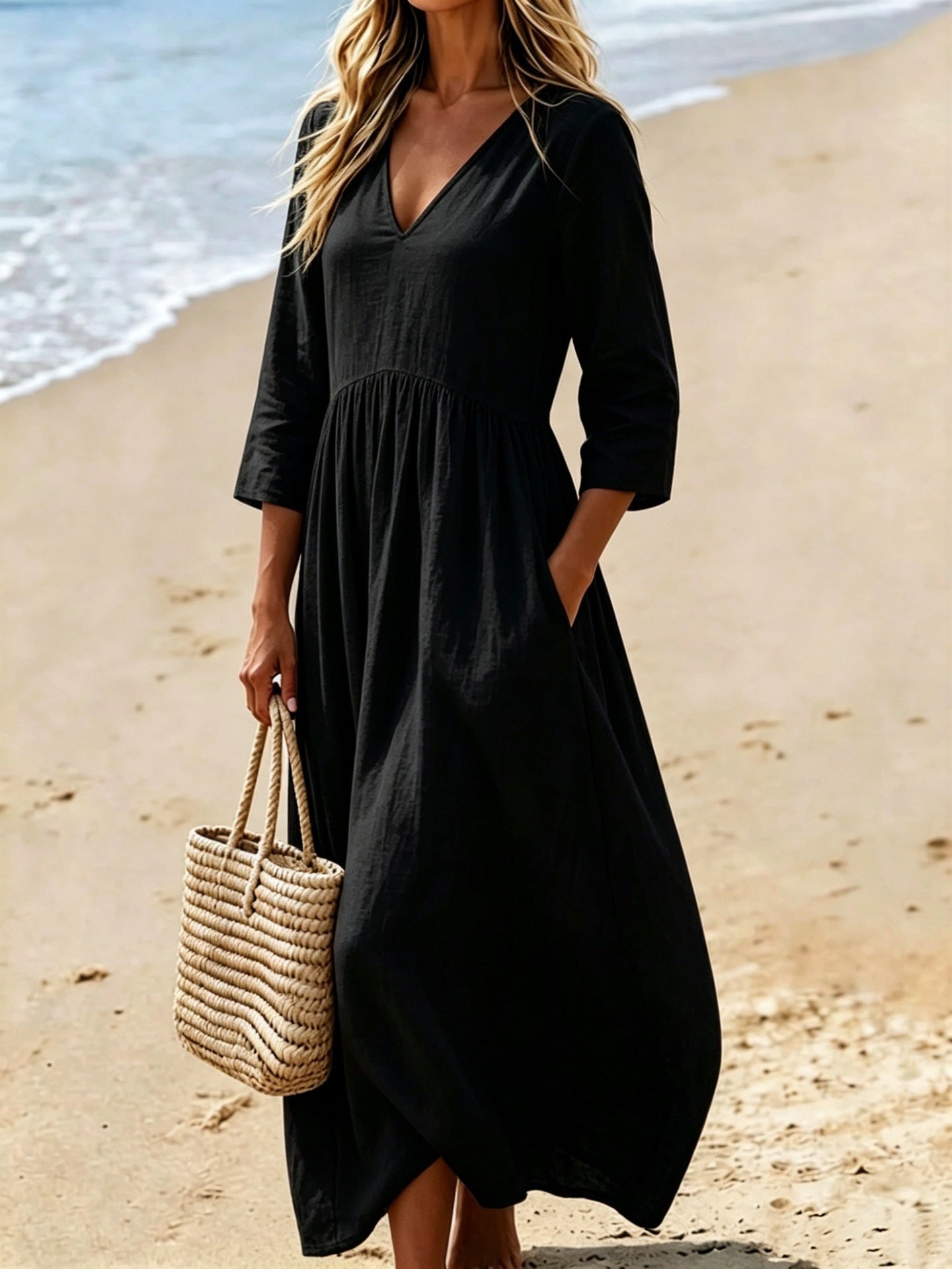 V-neck Three-quarter Sleeve Womens Resort Maxi Dress