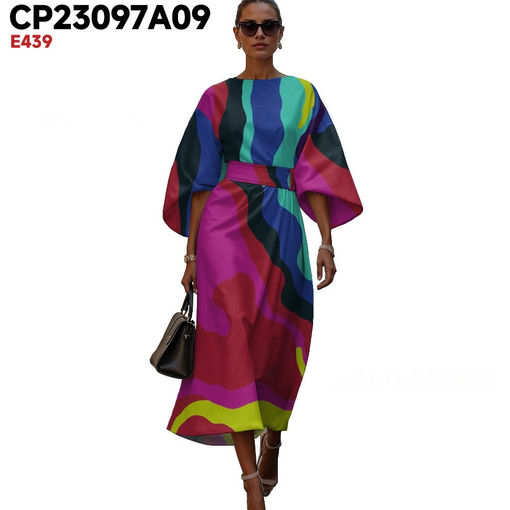Womens Fashionable Casual Printed Crew-Neck Dress