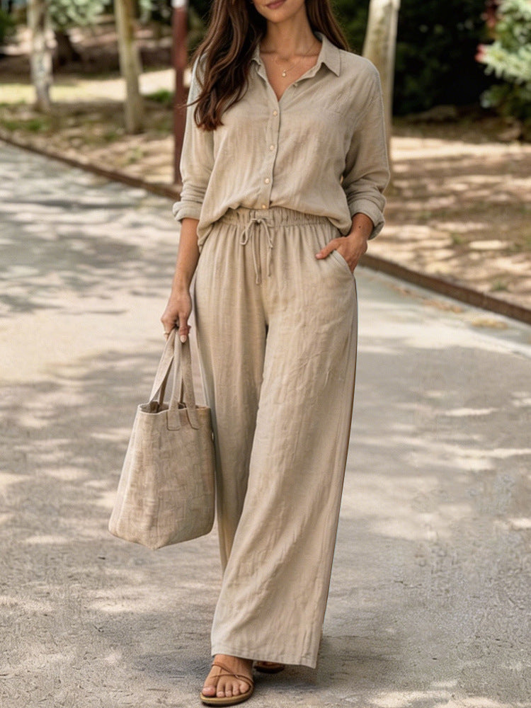 Womens Casual Lapel Collar Pullover Long-Sleeve Pants Set