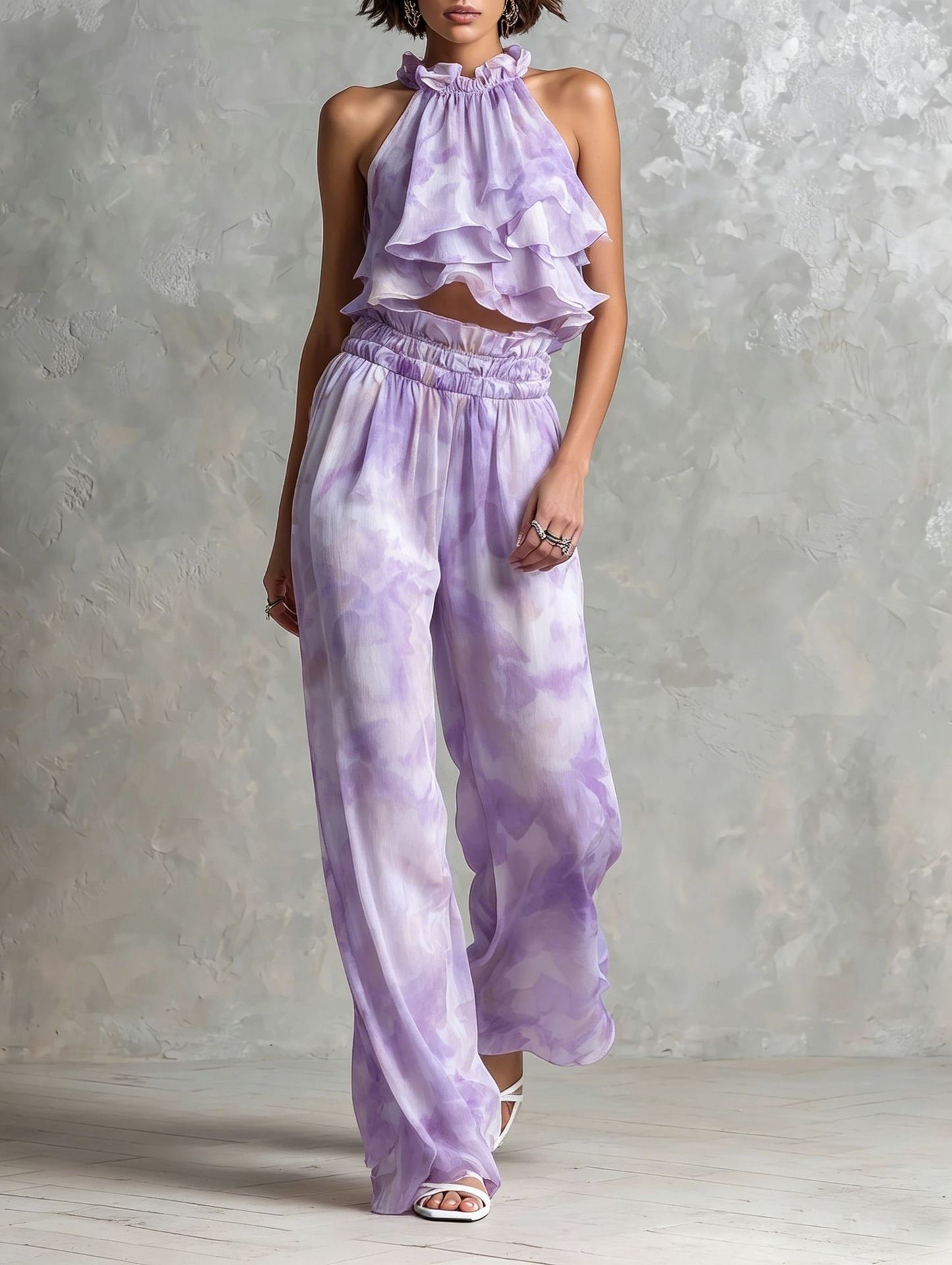 Neck-hanging Printed Top Pants Summer Set