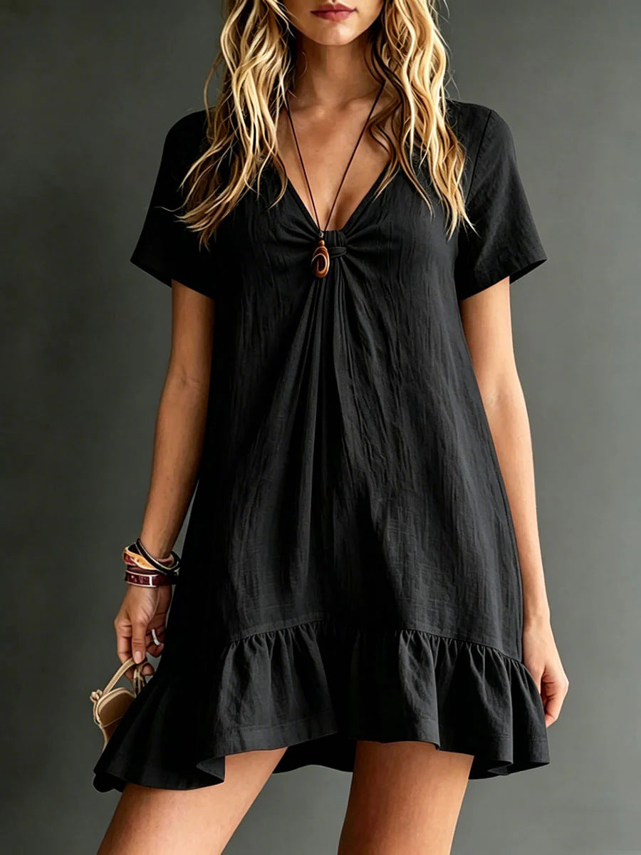 Womens Solid-Color V-Neck Short-Sleeve Casual Dress