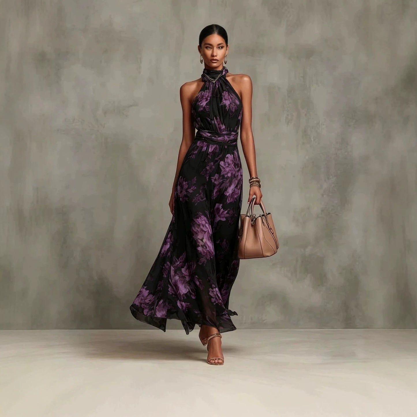 Neck-hanging Printed Chiffon Maxi Dress