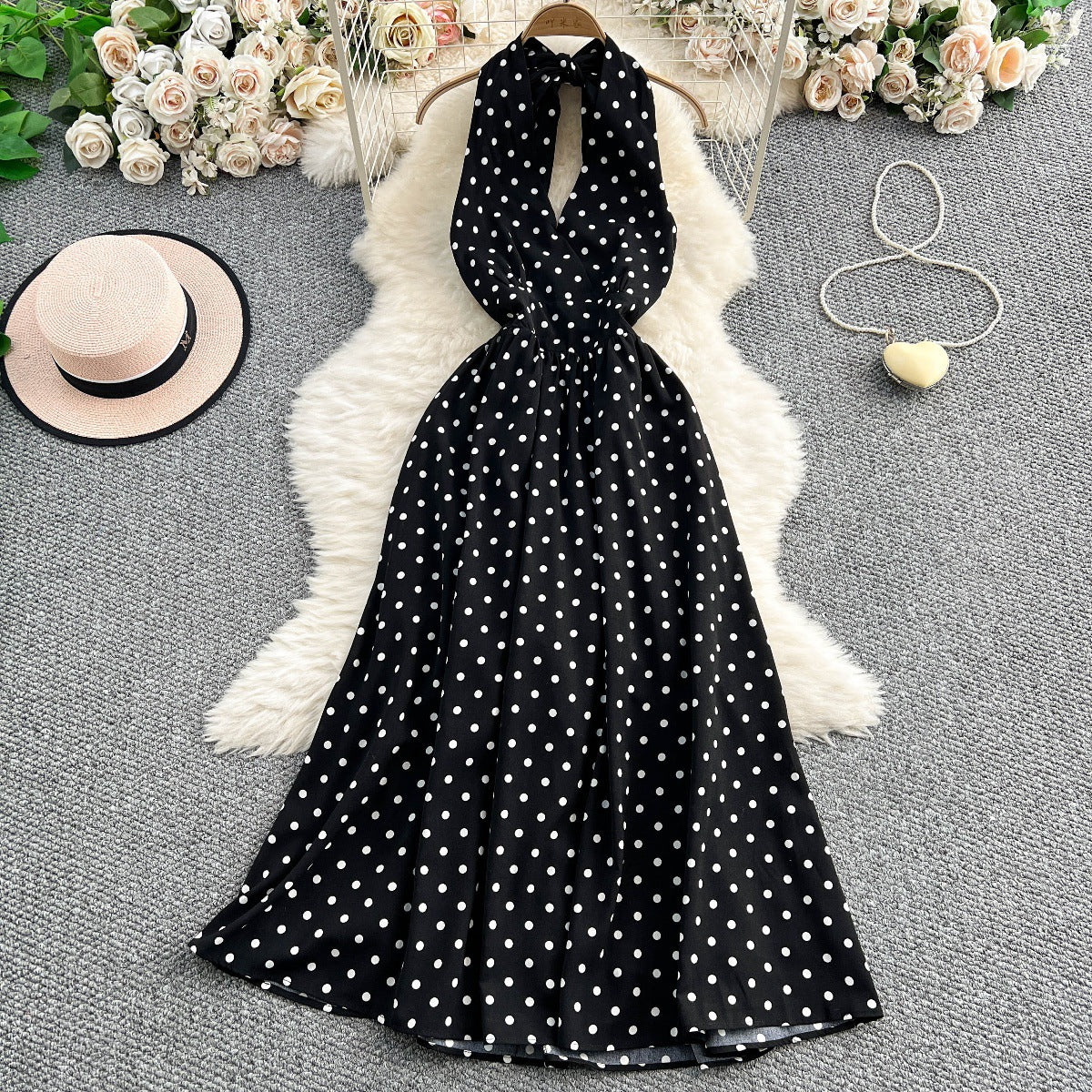 Womens French-style Polka-dot Halter-neck Dress
