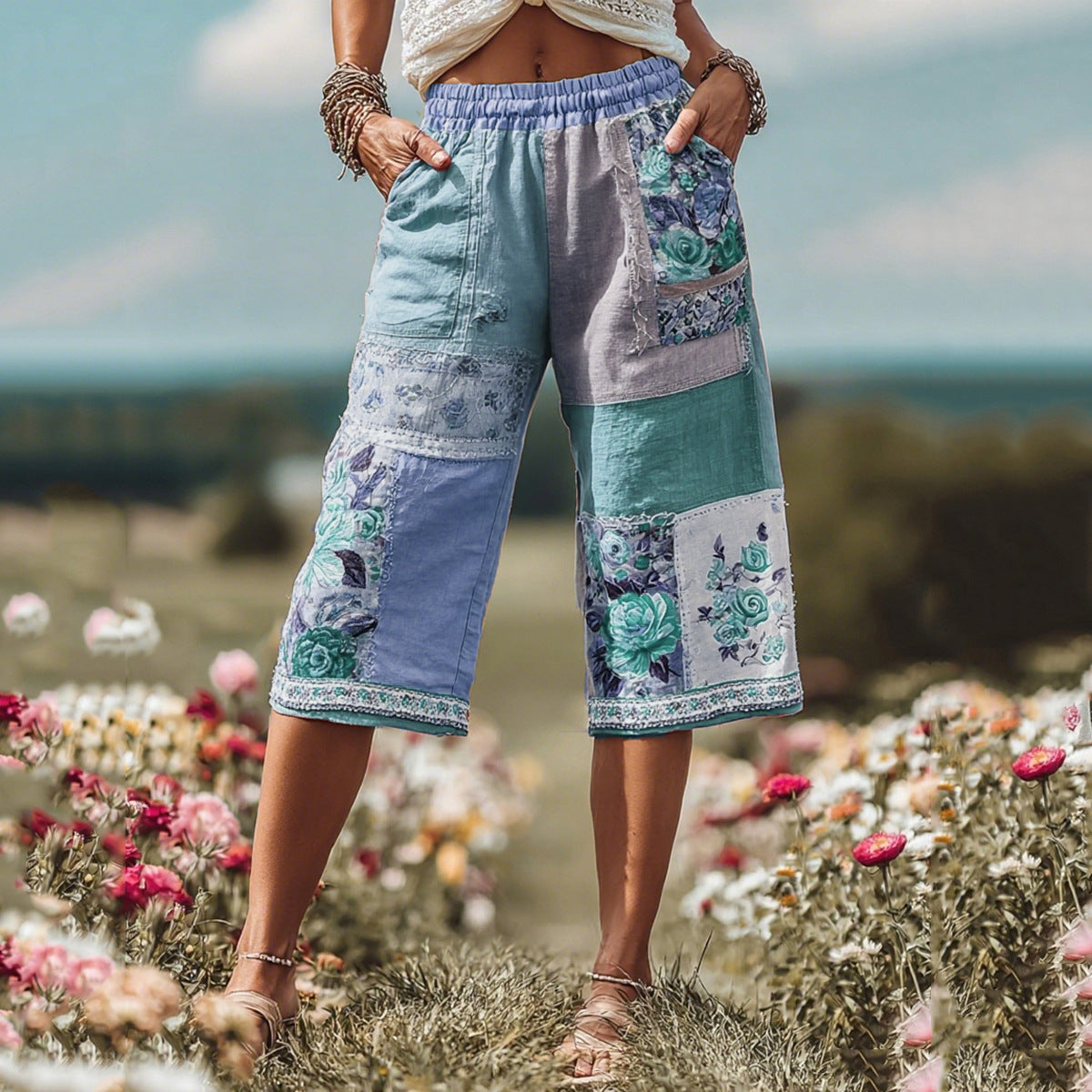Womens Retro Floral Print Casual Shorts