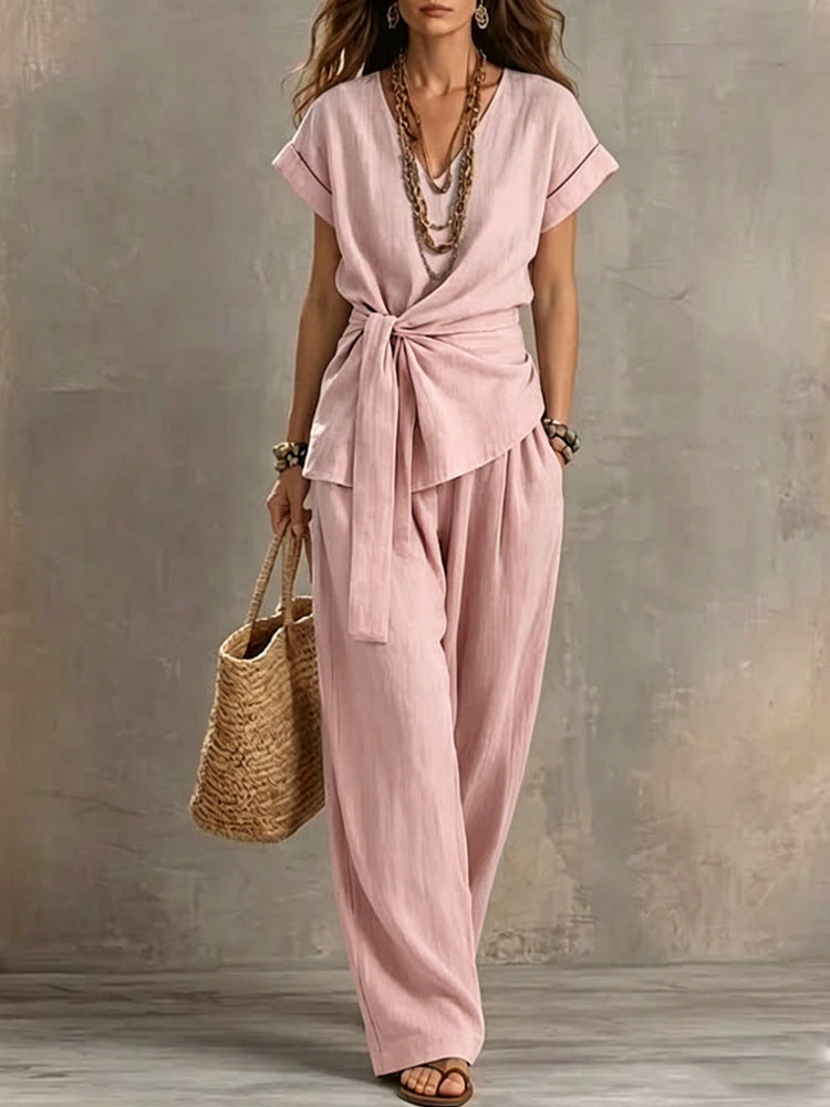 Women's V-neck Pullover Short-Sleeve Pants Set