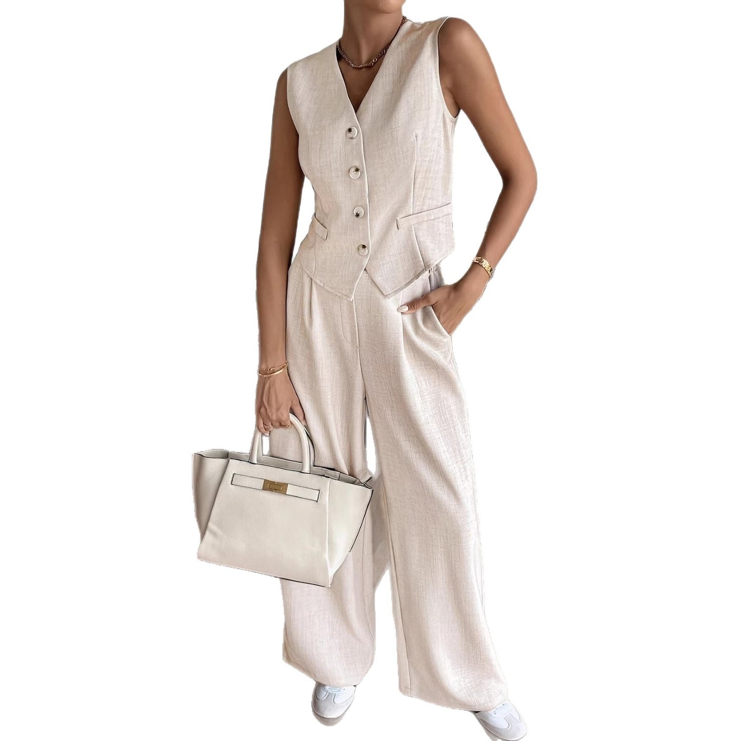 Stylish Off-white Sleeveless Vest And Wide-leg Pants Set For Women Summer Style
