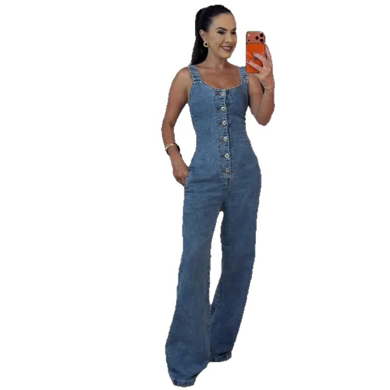 Sleeveless Blue Slim-fit Denim Womens Jumpsuit