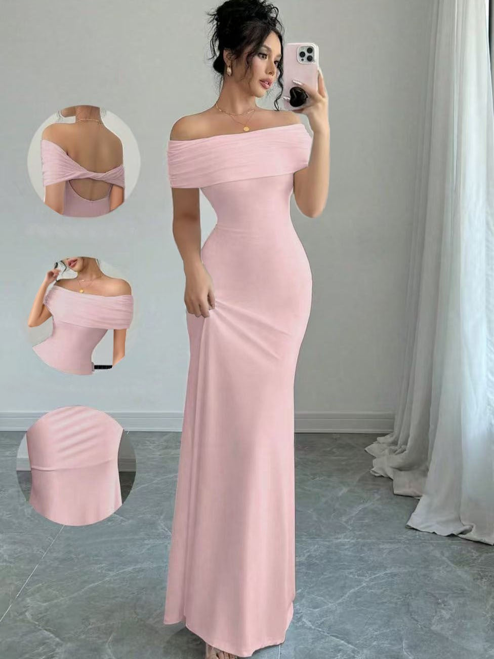 Womens Solid-Colored Sleeveless Off-Shoulder Fashionable Sheath Dress