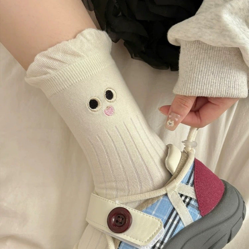 Kawaii Big Eye Embroidered Ribbed Crew Socks, Cute Cartoon Face Ruffle Cuff Socks In Black, White & Grey, Women's Sweet Casual Socks For Everyday & Sneakers