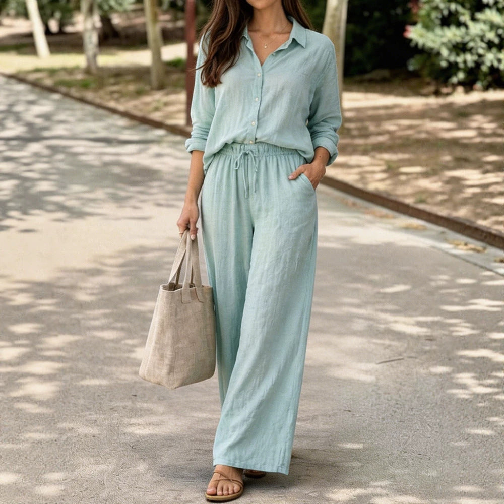 Womens Casual Lapel Collar Pullover Long-Sleeve Pants Set