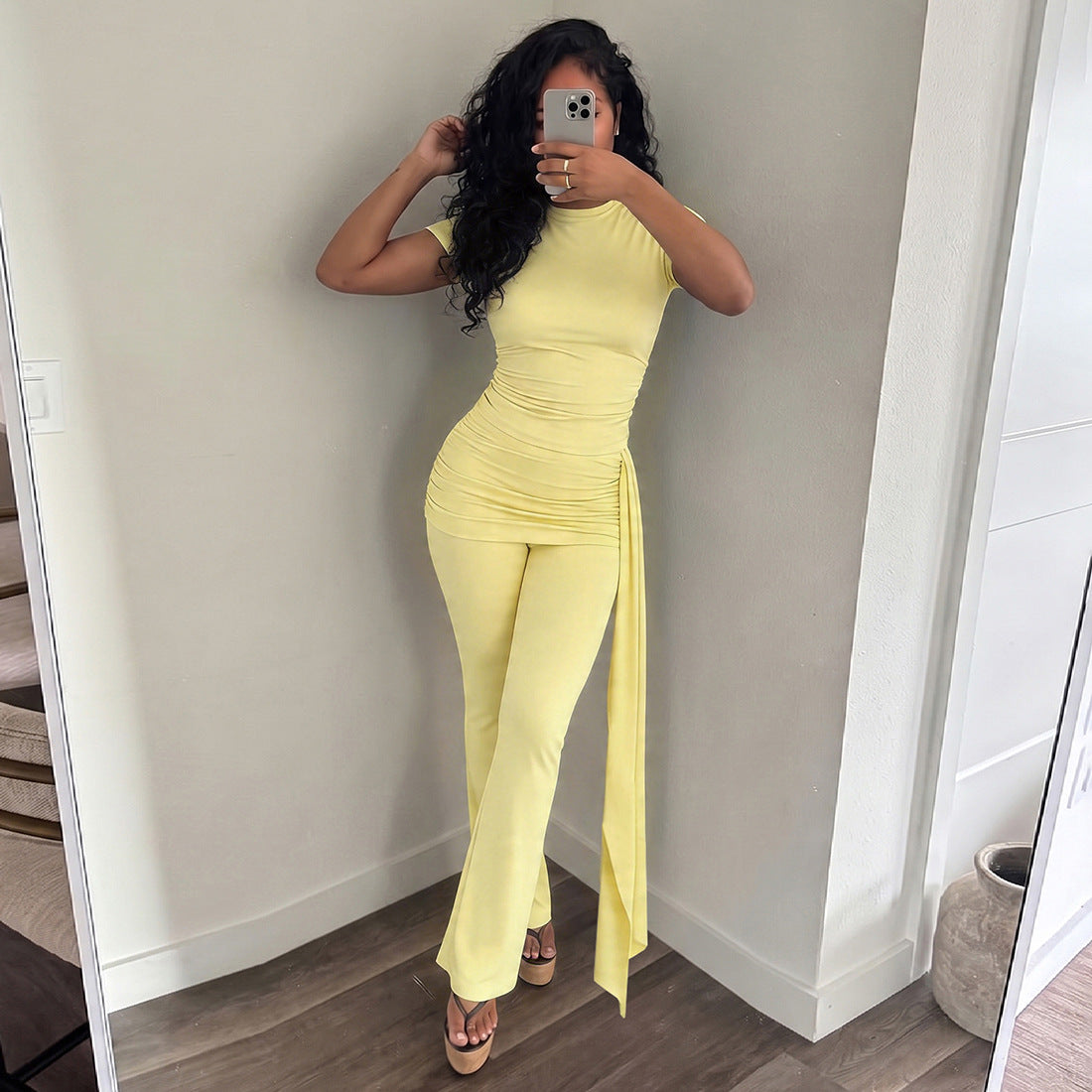 Womens Casual Crew-Neck Slim-Fit Top And Pants Set