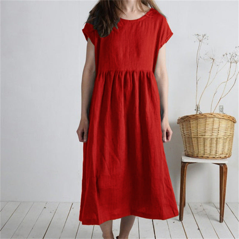 Solid-color Pleated Loose-fit Casual Cotton-linen Dress For Women