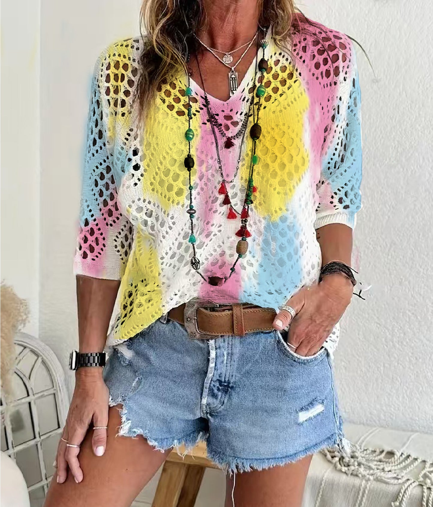 Womens Hollowed-Out Batwing-Sleeve Sweater With 3D Knitted Print