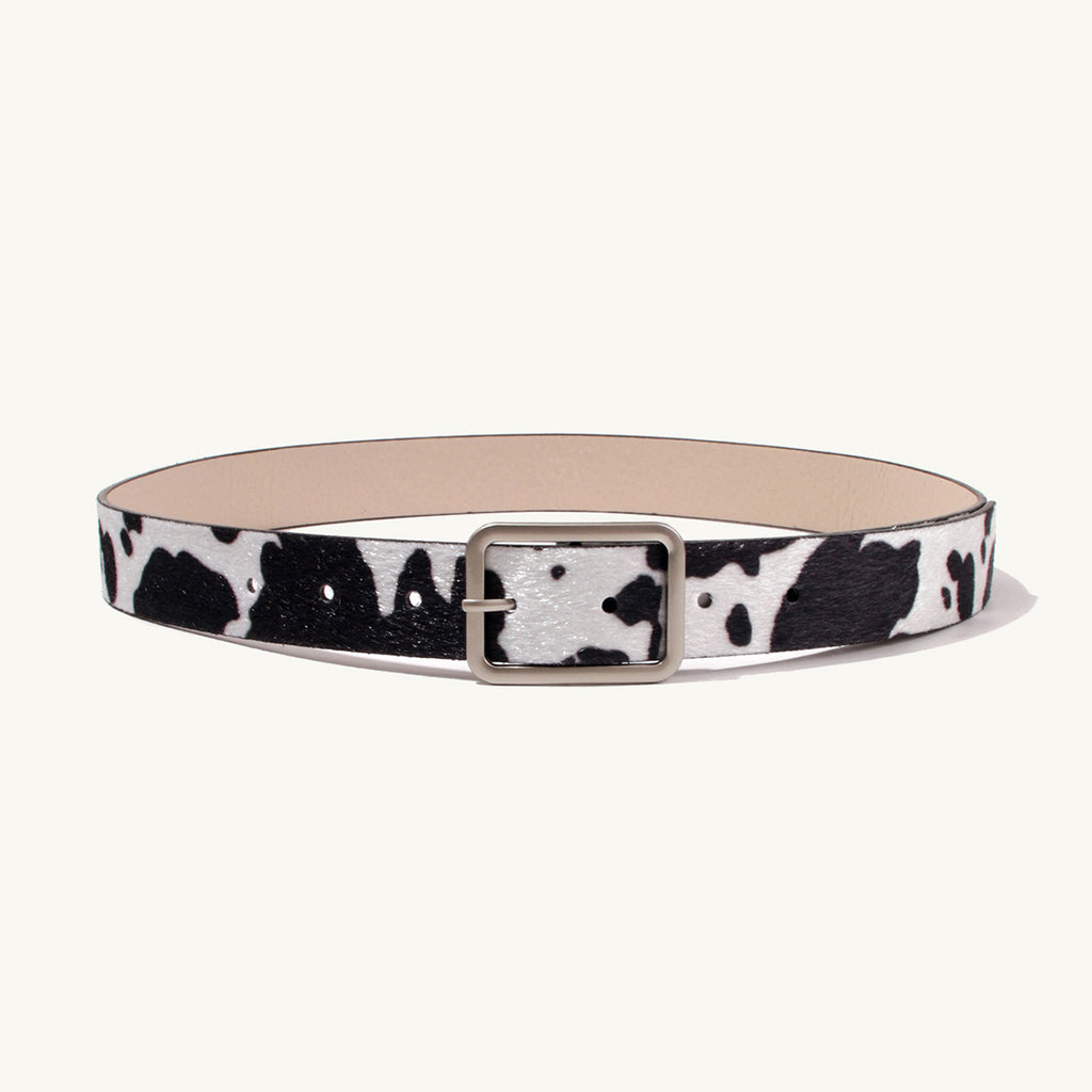 Black and White Cow Pattern Belt with Horsehair PU Design