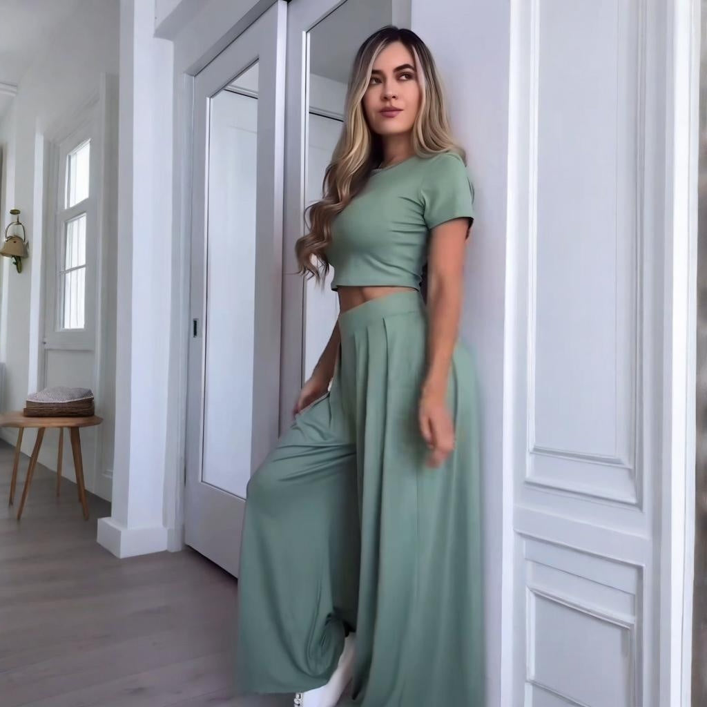 Crew-Neck Solid-Color Wide-Leg Pants Fashionable Casual Womens Set