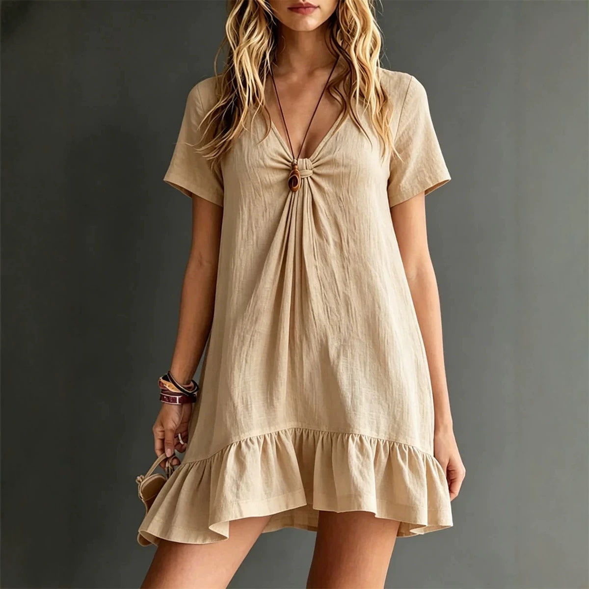 Womens Solid-Color V-Neck Short-Sleeve Casual Dress