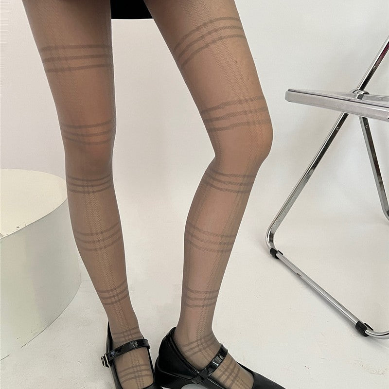 Black Square Grid Jacquard Silk Socks Women's Spring Autumn Thin Pantyhose Base Socks