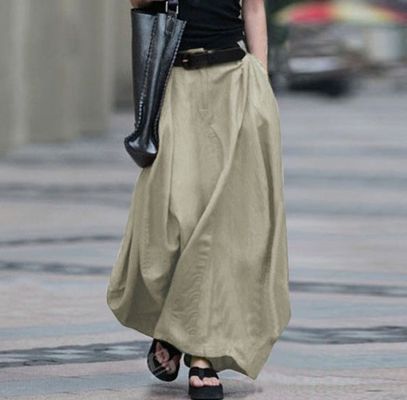 Womens Solid-color High-waisted Long Skirt