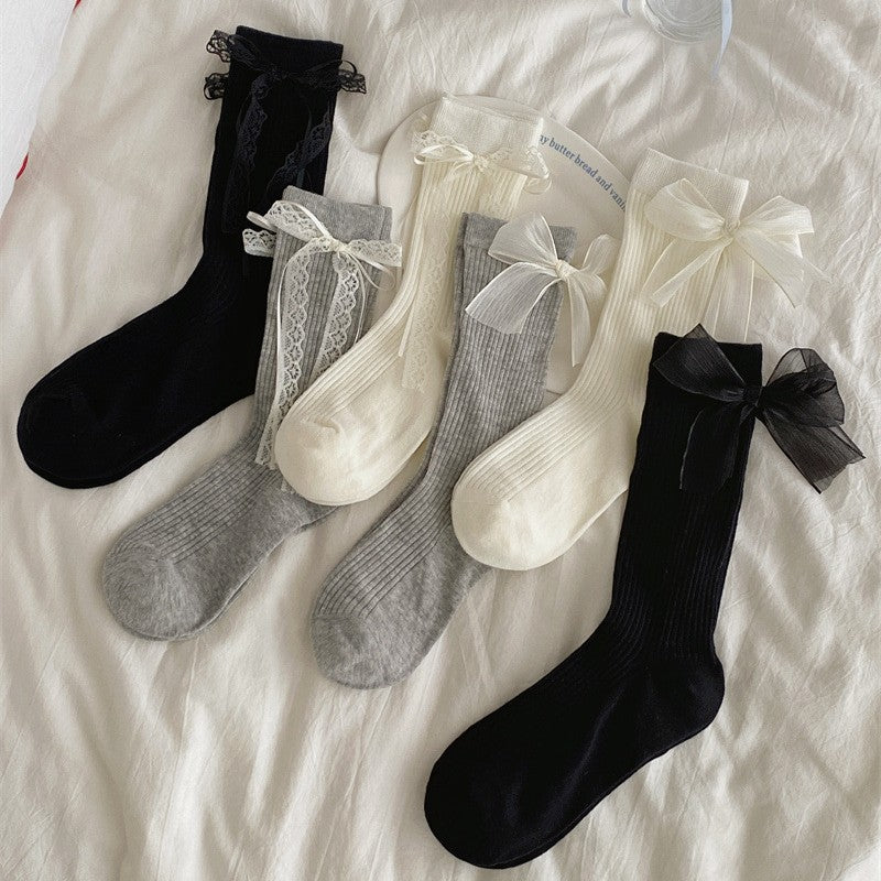 Coquette Lace & Bow Ribbed Crew Socks, Sheer Organza & Lace Trim Mid-Calf Socks, Women's Sweet Balletcore Socks In Black, White & Grey