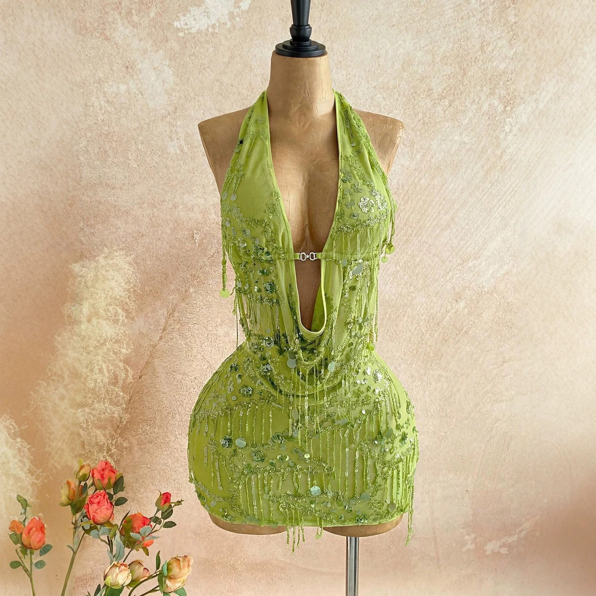 Sequin Tassel Halter Bodysuit And Cutout Figure-hugging Sheath Skirt