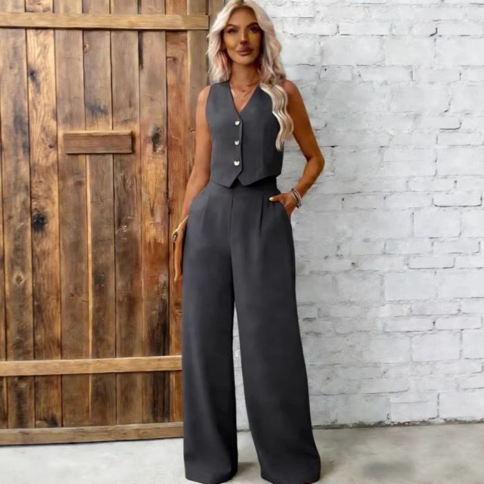 Womens Fashion Plus-Size Buttoned Vest Set
