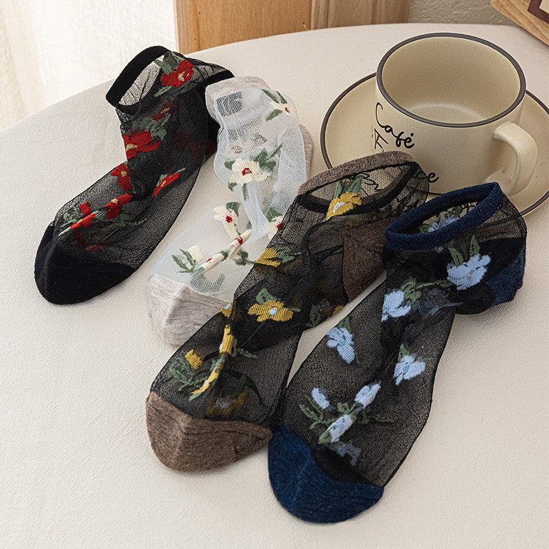 5pairs Spring And Summer New Arrivals Women's Flower Boat Socks Breathable Glass Fiber Boat Socks