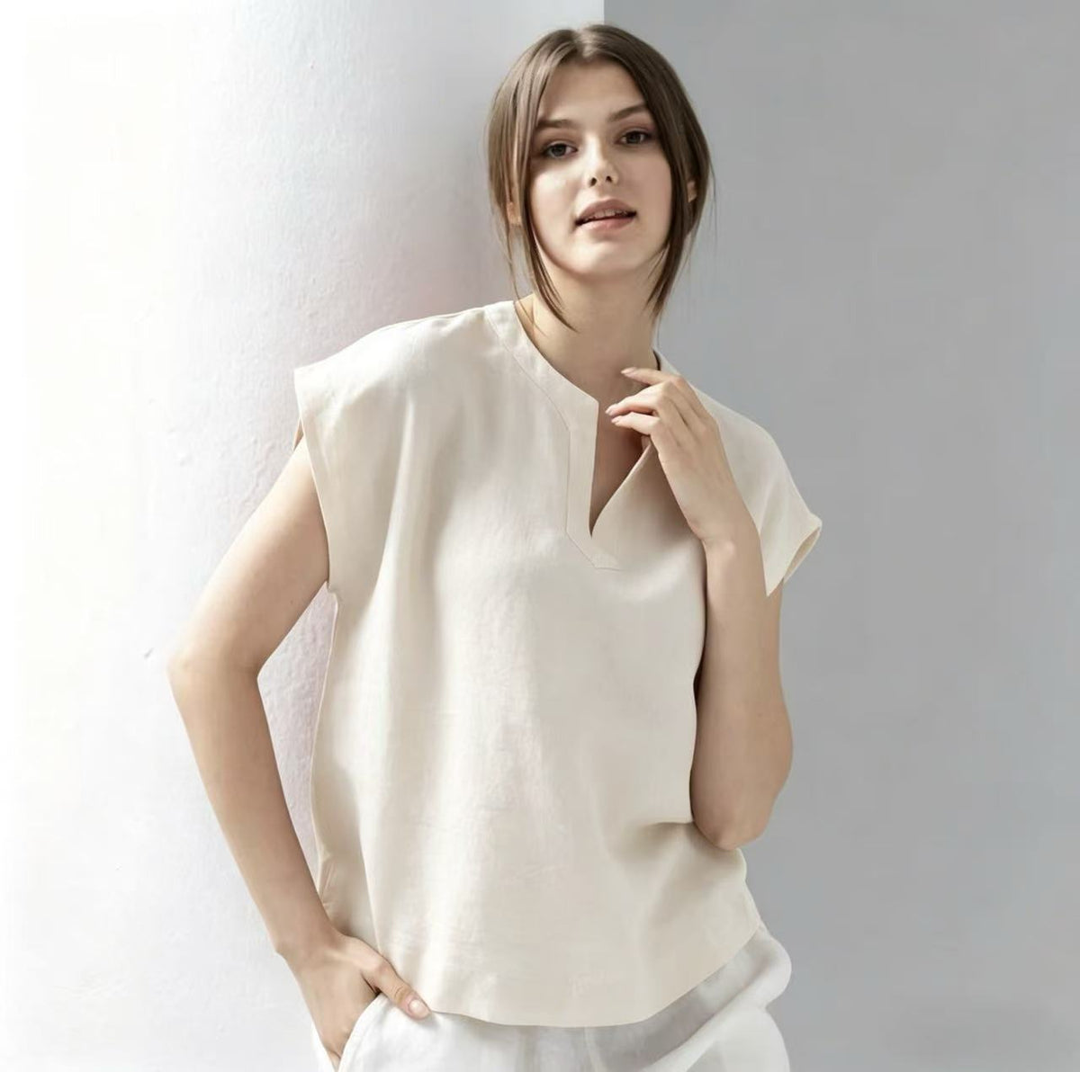Casual V-neck Linen Short-sleeve Top