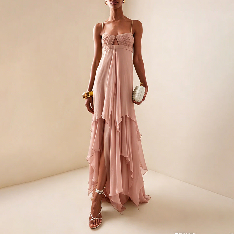 Irregular-design Solid-color Long Dress For Women