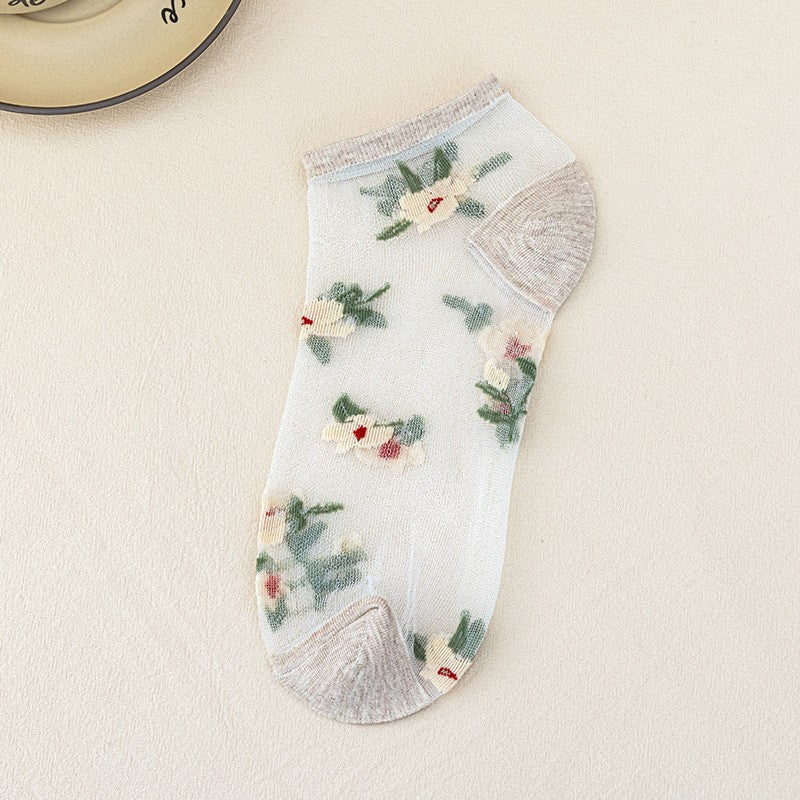 5pairs Spring And Summer New Arrivals Women's Flower Boat Socks Breathable Glass Fiber Boat Socks
