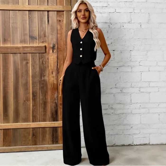 Womens Fashion Plus-Size Buttoned Vest Set