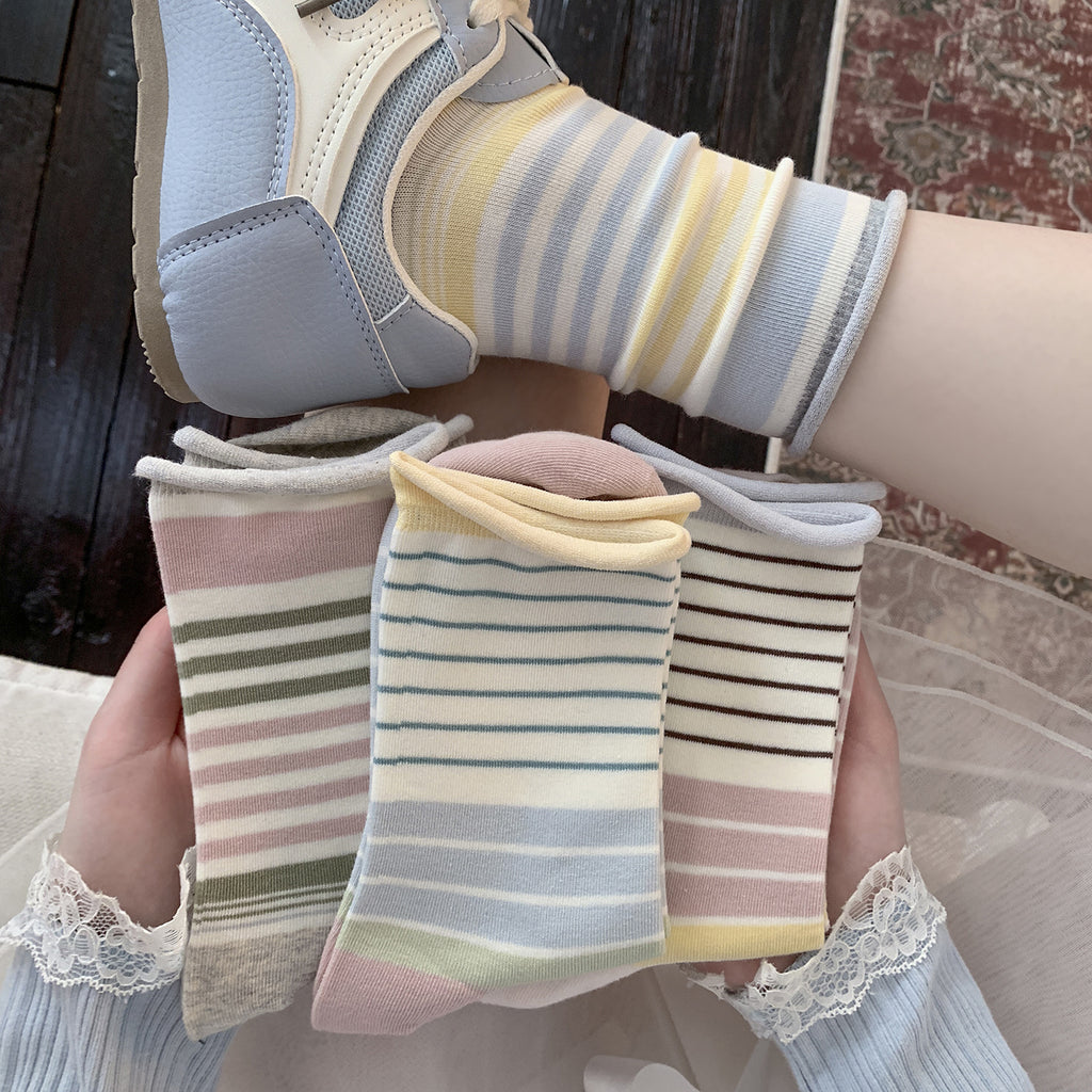 Pastel Striped Slouch Crew Socks, Roll-Top Colorful Knit Socks, Women's Sweet Casual Socks For Everyday & Sneakers
