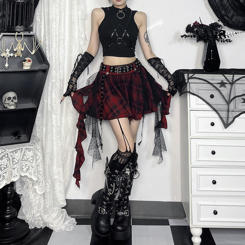 Black Plaid Polka-Dot Mesh Irregular Tutu Skirt