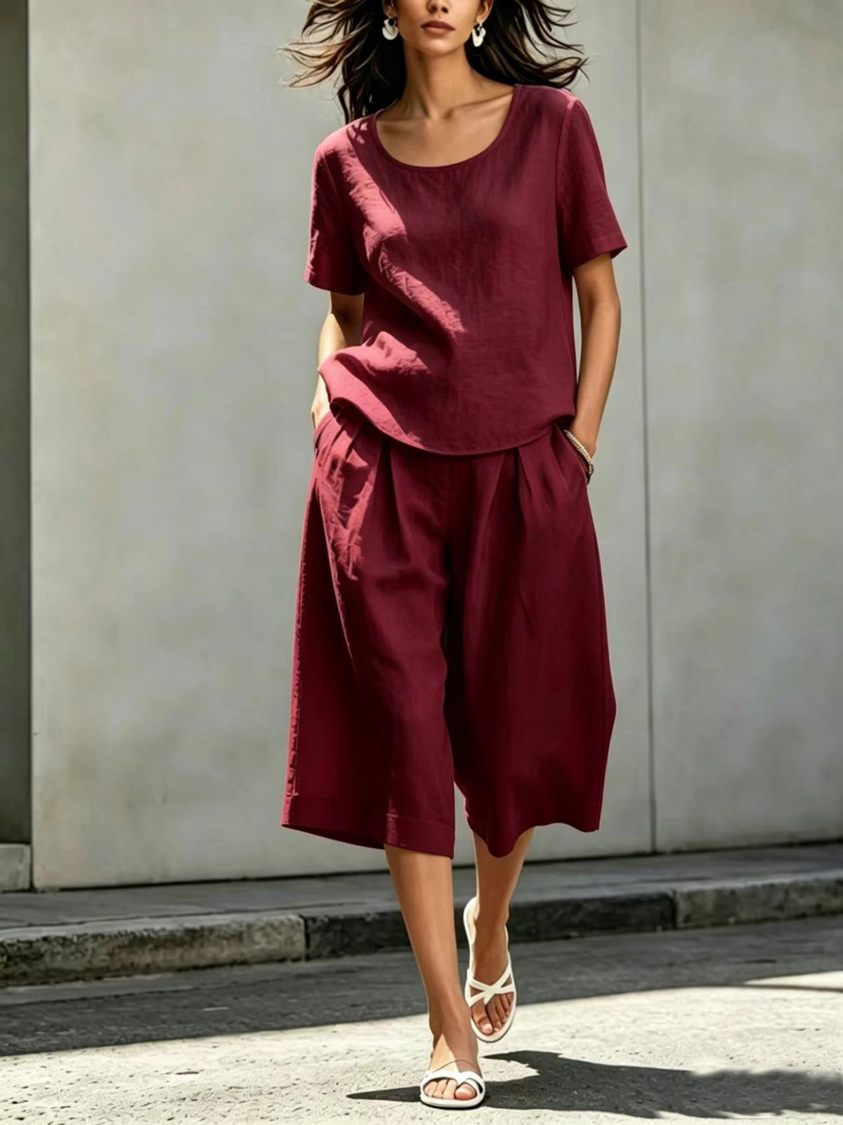 Cotton-linen Casual Loose-fitting Short-sleeve Top And Shorts Set