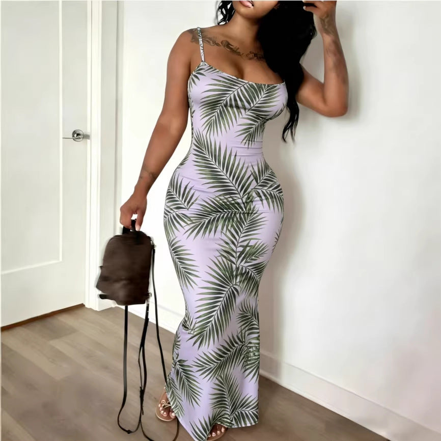 Digital-print Fitted Waistline Long Dress