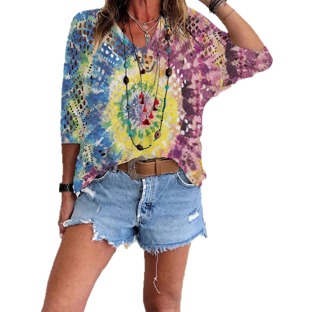 Womens Hollowed-Out Batwing-Sleeve Sweater With 3D Knitted Print
