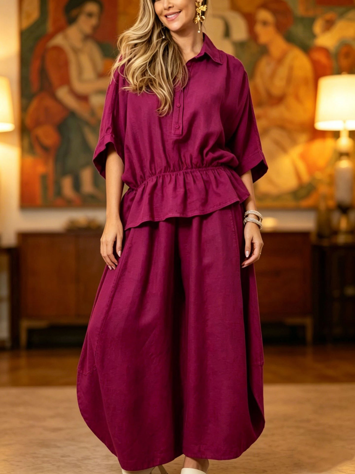Plus-size Womens Loose Casual Belted Shirt And Wide-leg Pants Set