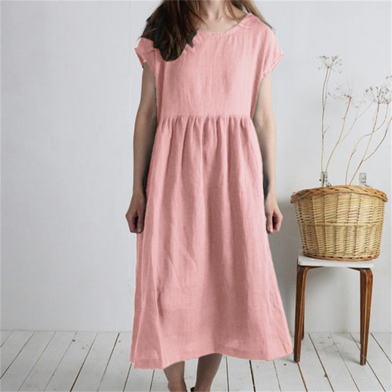 Solid-color Pleated Loose-fit Casual Cotton-linen Dress For Women