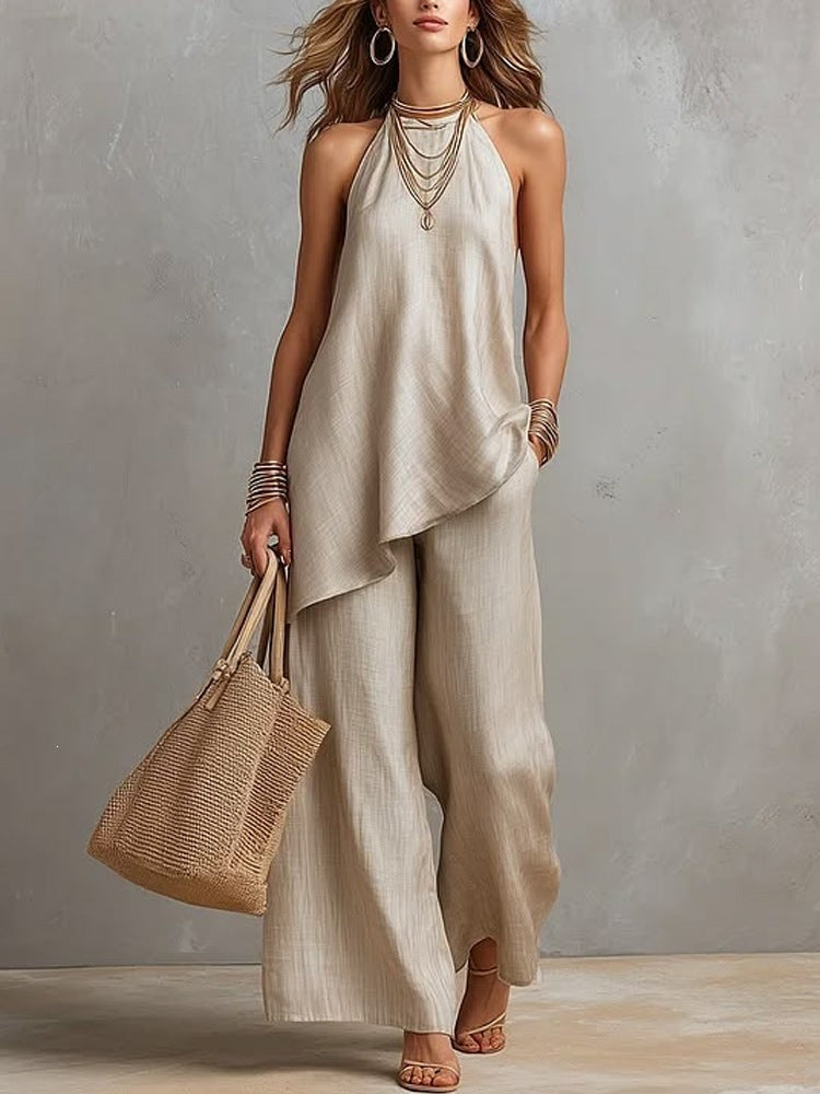 Womens Casual Crew-Neck Vest And Long Pants Set