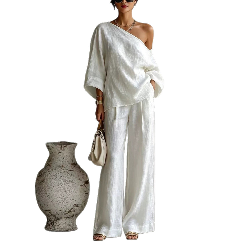 Elegant Off-shoulder Top And Loose Wide-leg Pants Set In A Relaxed, Laid-back Style