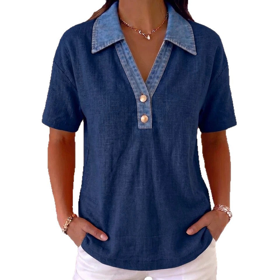 Casual Denim-Trimmed Contrast Linen Cotton Shirt Womens Apparel