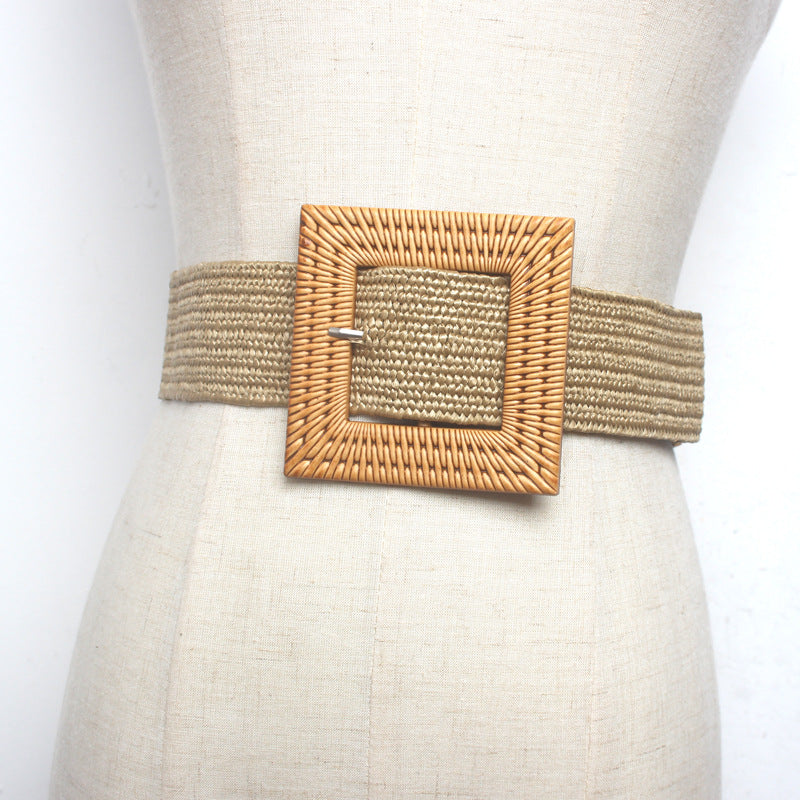 Women's Braided Wide Belt With Square Buckle