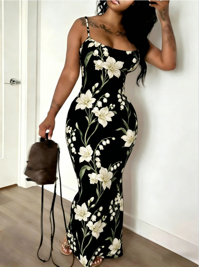 Digital-print Fitted Waistline Long Dress