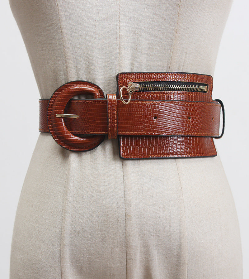 Leather Waist Belt with fashion stitching and zipper design