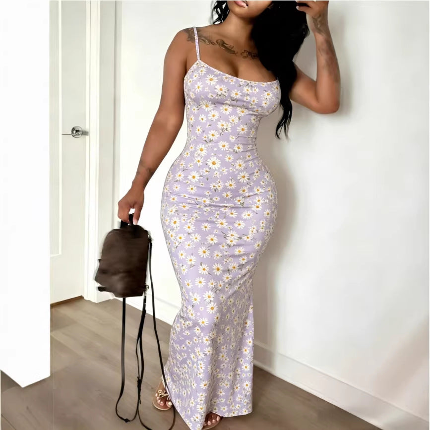 Digital-print Fitted Waistline Long Dress