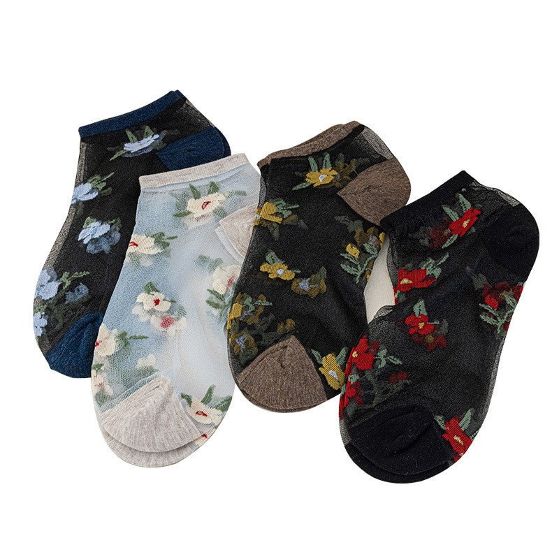 5pairs Spring And Summer New Arrivals Women's Flower Boat Socks Breathable Glass Fiber Boat Socks