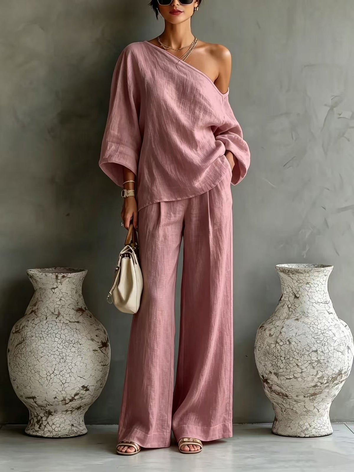 Elegant Off-shoulder Top And Loose Wide-leg Pants Set In A Relaxed, Laid-back Style