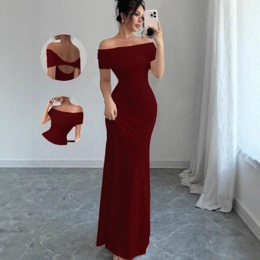 Womens Solid-Colored Sleeveless Off-Shoulder Fashionable Sheath Dress
