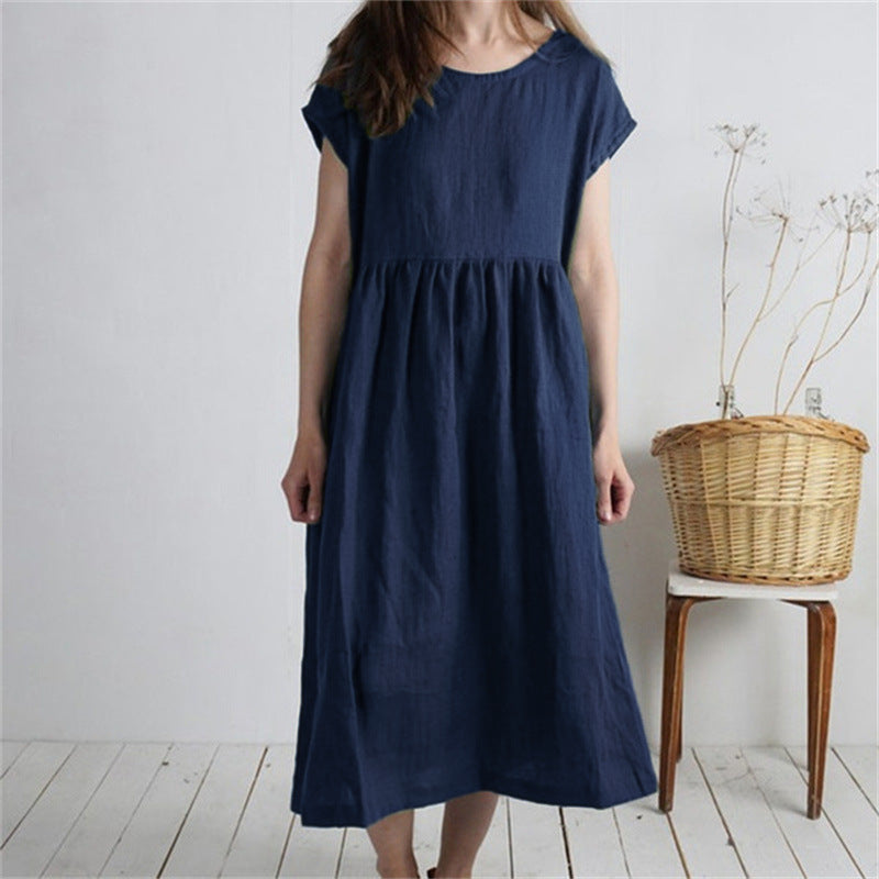 Solid-color Pleated Loose-fit Casual Cotton-linen Dress For Women