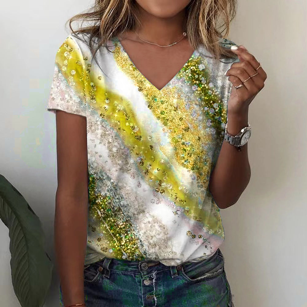 Printed V-neck Casual Short-sleeve T-shirt